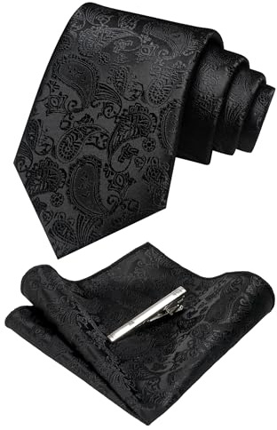 RBOCOTT Black Paisley Tie and Pocket Square Tie Clip Sets for Men(2)