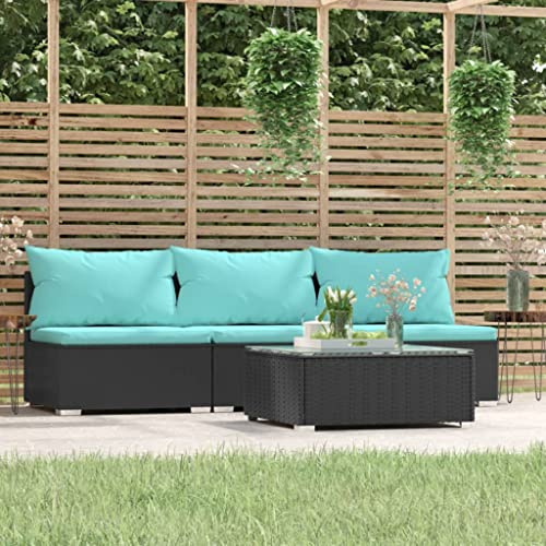 QJBSAVVA 4-TLG. Gartenlounge Schwarz 70x70x60 cm Polyrattan Esstisch 60x60x30 cm Outdoor Lounge-Set mit Kissen Modernes Design Robust und Langlebig für Balkon Garten Terrasse