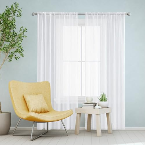 NINGBAI 2Er Set Voile Vorhang 135 x 240 cm Voile Polyester Transparent Wohnzimmer Luftig Dekoschal Gardine Schlaufengardinen für Schlafzimmer Wohnzimmer, Weiß