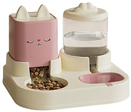 Kattmat- och vattendispenserset, matare vattendispenser for husdjur, dubbla skålar med automatisk vattenflaska(Pink)