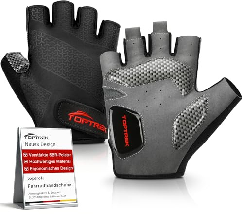 toptrek Fahrradhandschuhe Herren Damen mit 6mm Dämpfungspolster | MTB Handschuhe, Atmungsaktive Halbfinger Fahrrad Handschuhe Sommer, Stoßdämpfende Radhandschuhe für Rennrad/MTB/Fitness