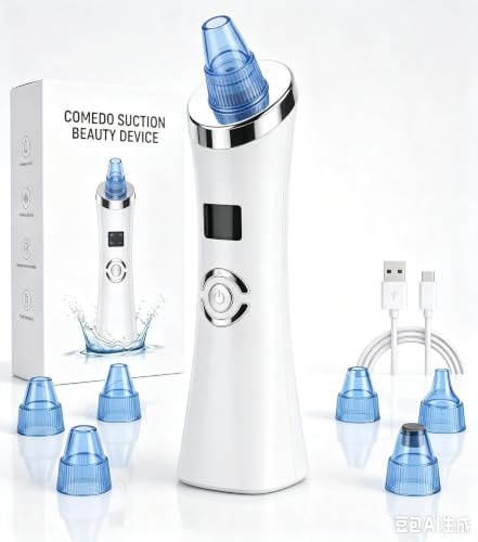 Focenat Aspirateur Point Noir,Extracteur point noir,Blackhead Remover,Extracteur de Comédons,Nettoyage des Pores,5 Modes & 6 Têtes d'Aspiration,Convient Les Types de Peau