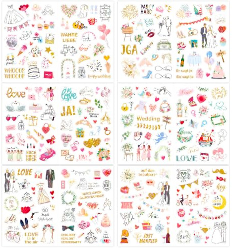 12 Blätter Sticker Hochzeit Gästebuch, 269 Motive Aufkleber Hochzeit mit Herz Hochzeitswünsche, DIY Hochzeitssticker mit Viel Liebe, Love Aufkleber für Fotoalbum Scrapbook Bullet Journal Wedding Deko