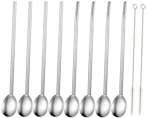 NMQLX Spoon Straw Set, 8 Pcs Stainless Steel Spoon Straws, 2 in 1 Reusable Drinking Stirring Straw Spoons with 2 Pcs Cleaning Brush