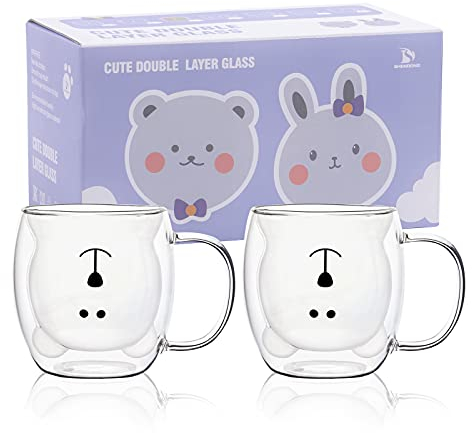 SHENDONG Cute Bear Mugs Set of 2 Cute Cups Tea Coffee Cup with Handle 8.5oz Milk Cup Double Wall Insulated Glass Gift for Birthday Valentine's Day and Office (2 Pack, White Bear)