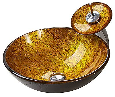 ALYHYB Rundes Waschbecken Badezimmer-Waschbecken-Set Zeitgenössisches gehärtetes Glas + Wasserhahn im passenden Stil + kupferner Pop-up-Abfluss (Gold)