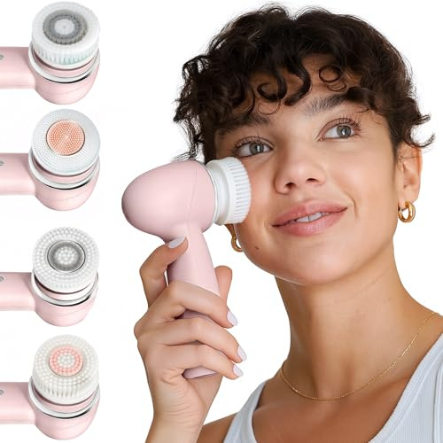 Raedia 2.0 Handheld Facial Cleansing Brush with 4 Interchangeable Brush Heads by Vanity Planet - Lightweight Daily Cleansing Brush for Glowing Skin - Water Resistant Face Exfoliator - Pink