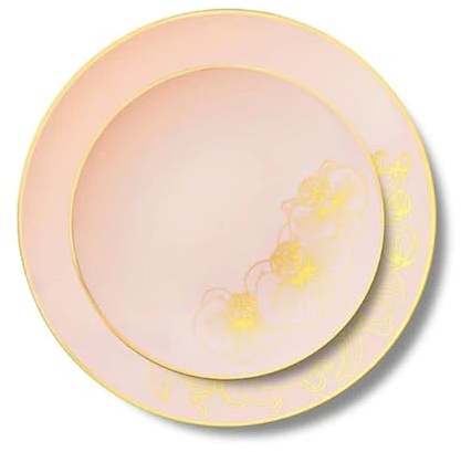 Decor Decorline - 32 Piatti Eleganti in Plastica Rigida Riutilizzabili per 16 persone - Collezione Orchid - Rosa antico/Oro - Piatti per la cena e il dessert - 2 misure (16x26cm, 16x19cm)