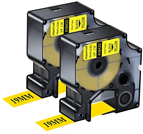 NineLeaf 2 x Kompatibel für Dymo 18433 IND 19mm 3/4'' Schwarz auf Gelb Industrie Vinyl-Etiketten für Rhino 4200 5200 5000 6000 ILP 219 3M PL150 PL200 PL300 Tyco T107M Beschriftungsgerät