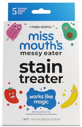 Miss Mouth's Stain Remover Wipes - Pack of 5, Unscented - Fast-Acting Messy Eater Stain Treater - Baby Food & Formula Cleanup - Travel Essentials & Diaper Bag Essentials