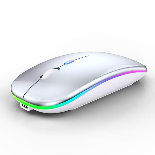 WREANU Ratón inalámbrico Bluetooth recargable para laptop con luces LED, silencioso, uso delgado (BT5.2 y receptor USB portátil de 2.4 G), mouse de computadora de modo dual para computadora portátil