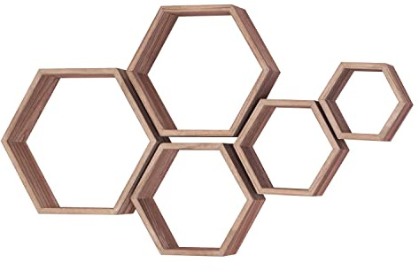 MITREL Hexagon Wandregal, Wohnzimmer Deko Wand, Holz Hängeregal für Schlafzimmer, 5er-Set(Karbonisiertes Schwarz)