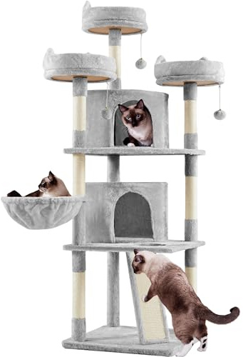 Yaheetech 175 cm Cat Tree with 7 Sisal Scratching Posts, Light Grey | Cat Tower for Indoor Cats, Multi-Level Cat Scratching Post, 2 Condos, 3 Top Perches, Scratching Board, FSC-certified
