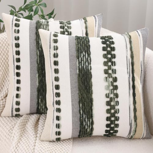 Tosleo 2er Set Kissenbezug Chenille 45x45cm Baumwollmischung Kissenhülle Sofakissen Streifen Dekokissen Boho Deko Kissenbezüge für Sofa Wohnzimmer Schlafzimmer Outdoor Kissen (Grün, 45 x 45 cm)