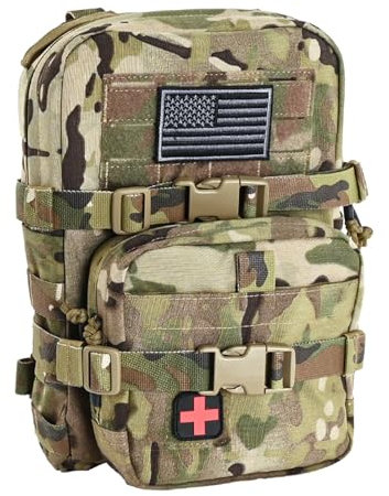 Taktischer Mini-Molle-Trinkrucksack, Molle-Trinkträger mit IFAK-Tasche & US-Flagge & Med Patch, Hydropack für 2 l Wasserblase, CP, Medium, Militärisch taktisch
