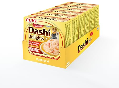 INABA Dashi Delights - bitar i bonitflingbuljong med kyckling, tonfisk och lax - 6 x 70 g - kattmat - topping - proteinrik - naturliga ingredienser - kattpasta.
