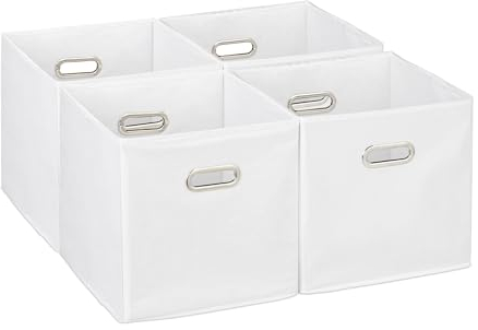 Relaxdays Aufbewahrungsbox 4er Set, Faltbare Regalboxen, HxBxT: 30x30x30 cm, mit Griffen, Faltboxen für Regale, weiß