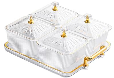 F Fityle Plats de Service divisés, 4 Compartiments, Assiette de Fruits secs, Bols Amovibles avec Couvercle, Plateau de collation pour Bonbons, Noix, Mariage, Clair