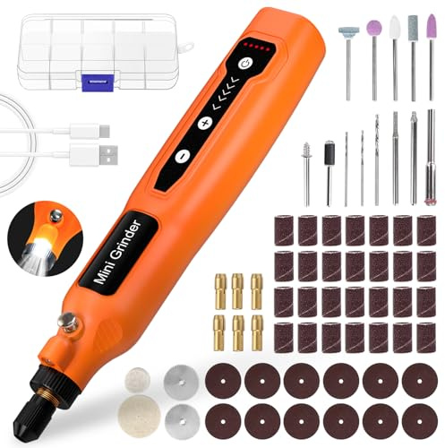 Cordless Mini Rotary Tool Set - 64Pcs Accessories 5 Speed 5000-18000rpm Multi-Purpose Mini Electric Grinder Kit 3.7V USB Rechargeable with Light for Engraving Grinding Polishing Cutting DIY Orange