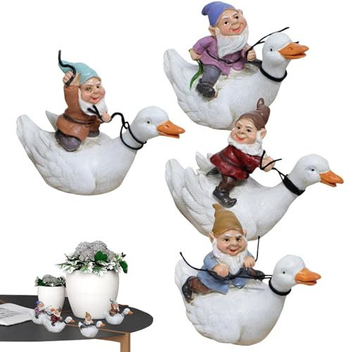 Uozonit Nains de Jardin en Plein air,Nains de Jardin - Elfe Nain Assis sur Un Canard,Décor Miniature de Vintage, décoration de Maison d'elfe, Ornements de Jardin de Statue de Nain
