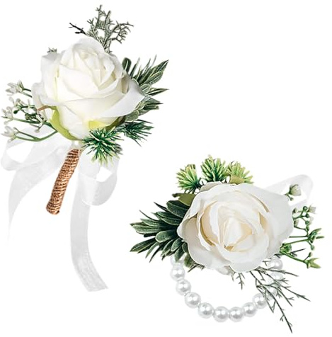 Feibety 2 Pcs Wrist Corsages for Wedding,Bride Corsage Wristlet Band Stretch Pearl Wedding Handmade Artificial Wristband Pearl Corsage and Boutonniere Set Bracelets for Wedding Party Bride Bridesmaid