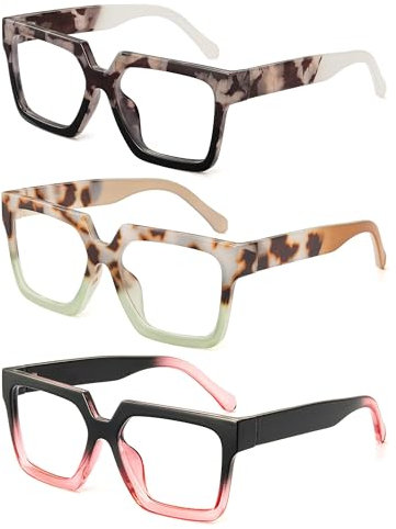 JM 3 Pack Oversize Reading Glasses for Women, Large Funky Square Blue Light Blocking Readers +3.00