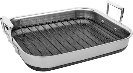 LIVWELL DiamondClad 14 Nonstick Roasting Pan with Rack - Wedding and Kitchen Gift for Meal Prep - Hybrid, PFOA-Free, Stainless Steel, Dishwasher Safe - Silver/Black