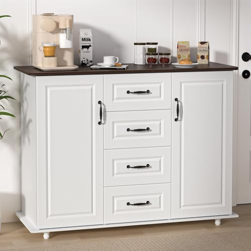 Saterkali Weißer Buffetschrank, 119,4 cm, Buffet-Sideboard-Schrank mit Stauraum, moderner Bauernhaus-Kaffee-Barschrank mit 4 Schubladen und 2 Türen, Küche, Buffet, Sideboard für Küche, Wohnzimmer,
