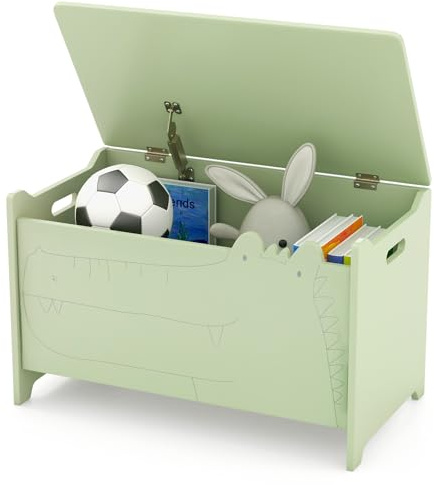 HONEY JOY Kids Wooden Toy Box, 3-in-1 Large Toy Trunk Chest w/Flip-Top Lid, Safety Hinge & Cut-out Handle, Storage Bench, Toddler Furniture for Playroom Bedroom, Gift for Boys Girls (Green)