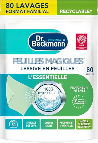 Dr. Beckmann - Lessive en feuilles Magiques L'ESSENTIELLE - Désinfectant Linge Pré-Dosé, Pratique et Léger - 100% Hydrosoluble - Produit Ménager Maison Facile à Utiliser - 80 Feuilles
