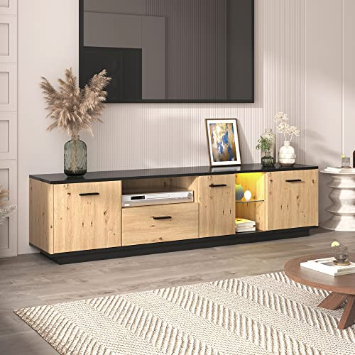 Rtopsu Mobile TV, Tavolo TV Basso con LED per TV Fino a 80 Pollici, Scaffale TV con 3 Ante e Cassetti Contenitore per Soggiorno Sala da Pranzo Camera da Letto, 180x40x45 cm, Legno, Natura