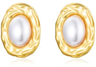 CERSLIMO Gold Pearl Earrings - Hypoallergenic Titanium Chunky Earrings, Oval Studs for Daily Wear, Birthday & Christmas Gifts