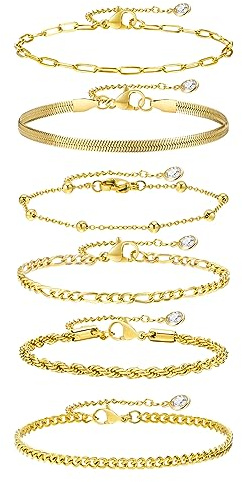 Gamtic 6Pcs Armband Damen Set - 14K Vergoldet Edelstahl Ketten Armbänder Stapelarmbänder Twist Figaro Armkette Verstellbare Wasserdichter Kettenarmband Armband Schmuck für Damen Frauen