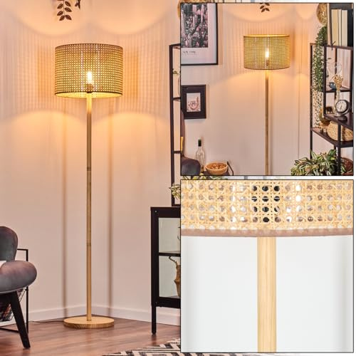 HOFSTEIN Stehleuchte Barcos, Stehlampe mit Holzfuß und Schirm aus Rattan/Wienergeflecht, E27, skandinavisches Design, Boho-Style, Höhe 179cm, Ø 40cm, Fußschalter - Wohnzimmer, Schlafzimmer, Flur