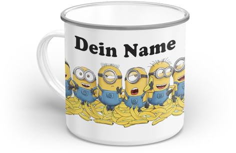 PICANOVA Minions Tasse mit Name - Personalisierte Emaille Tasse 300 ml - Kinderbecher Personalisiert mit Namen - Geschenk für Kinder und Fans der Ich - Einfach unverbesserlich - Minion Friends