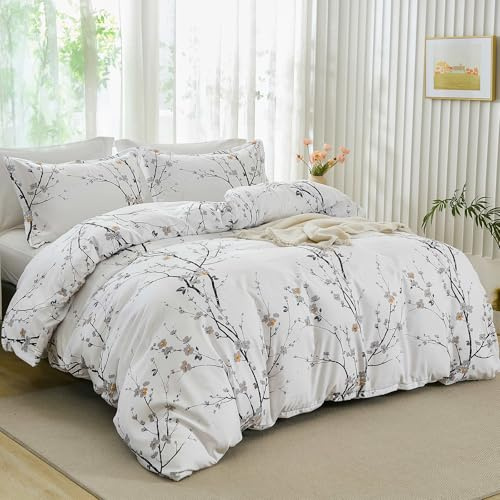 White King Size Botanical Branch Duvet Cover Set Bedding Set 3 Pieces Soft Microfiber Plum Flower Printed Duvet Cover with 2 Pillowcases and Zipper Closure 220 x 230cm