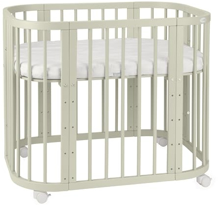 waldin Babybett 5in1, Beistellbett aus Holz, Matratze, Belüftet, Olive | Belüftet, Boden 5-fach verstellbar, Mitwachsend, Wiegefunktion optional