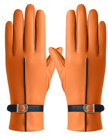 Women's 2024 Autumn and Winter Plain Versatile Windproof and Thick Cold Leather Gloves SCg53 (Orange, L)