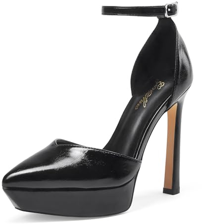 GENSHUO Scarpe Donna Punta Plateau 13cm Cinturino Caviglia Festa, Cerata Nera MOD A, 42 EU