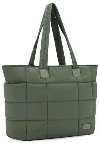 VASCHY Tygväska för kvinnor, lätt quiltad puffer arbetsväska med laptopfack stor puffig handväska för sjuksköterska/lärare/resor/gym, Salviagrön, Large