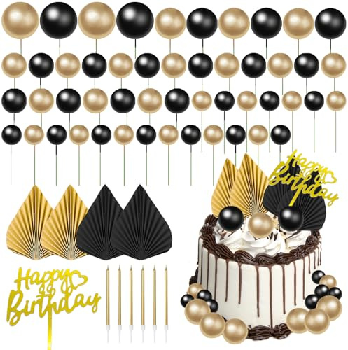 61PCS Ball Cake Topper Black and Gold Balls Cake Decorations | Round Ball Cake Toppers with 6pcs Golden Candle for Cupcake Birthday Wedding Anniversary Cakes Decor