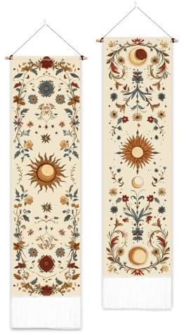 PLIGREAT 2er Pack Sonne Mond Wandbehang, Boho Stil Kunst Wandteppich mit Quaste Vertikale Blumen Lange schmale Ästhetik Wandteppich für Schlafzimmer Wohnzimmer Badezimmer Home Office Dekor