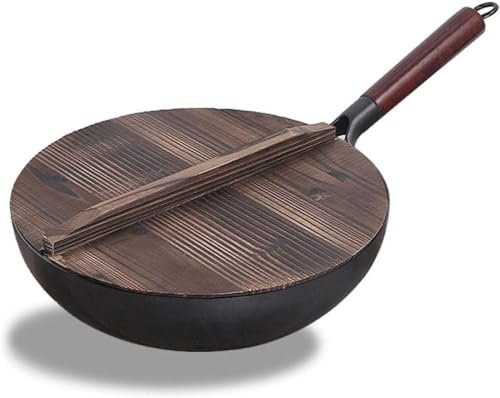 SGKOMN Padella Wok in ghisa Pre-stagionata, Antiaderente, Resistente, Cinese, in Ferro, per friggere, con Coperchio in Legno, per Piano Cottura Elettrico, induzione(32cm)