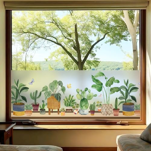 dktie Statisch haftende Fensterfolie, Mattiert Sichtschutzfolie mit Buntem Topfpflanzen-Muster, Anti-UV Blendfreier Sonnenschutz Folie, Fensteraufkleber für Wohnzimmer Küche Büro 90x200cm