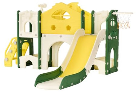 Scivolo per bambini, 7 in 1, Scivolo per interni ed esterni, con parco giochi, cestino da basket e tunnel, scale e telaio da arrampicata autoportante per bambini (7 in 1 giallo)