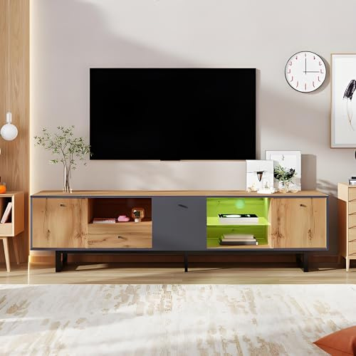 LANTRO JS TV Kommode mit LED Beleuchtung, Fehenseher Schrank aus Holz, TV Lowboard, Glastrennwand, Mehrere Schränke, 190 cm Lang