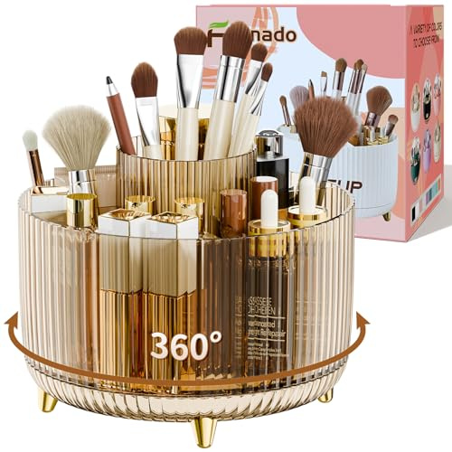 fanado 360° Rotating Makeup Organiser, Makeup Brush Holder, 5 Compartment Makeup and Skincare Storage for Vanity, Desktop, Bathroom (Clear Amber)