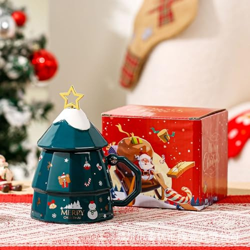 Huiyiwert Porzellan Weinachtsbecher mit Deckel und Rührstab Lustige 3D Weihnachtsbaum Form Kaffeetasse Weihnachtsmotiv Milchbecher Weihnachtstasse Geschenk für Weihnachten Nuejahr (Grün)