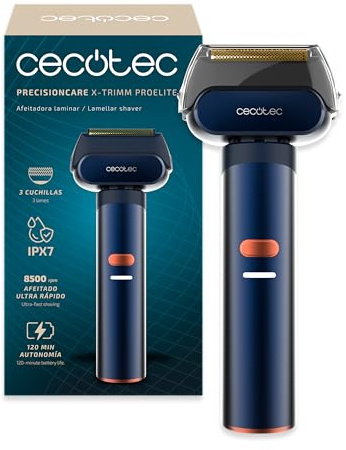 Cecotec Rasoio Laminare Professionale PrecisionCare X-Trimm ProElite. Alluminio, 8500 giri/min, 3 lame in titanio, 3 velocità, autonomia 2 ore, impermeabile IPX7, ideale per viaggi, blocco di