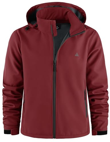 ZITY Soft Shell de Chaqueta para Hombre Senderismo Chaquetas de Lana Impermeables Invierno Chaqueta Cálida con Capucha con Bolsillos para Actividades al Aire Libre Acampadas y Pesca,Rojo Vino,L